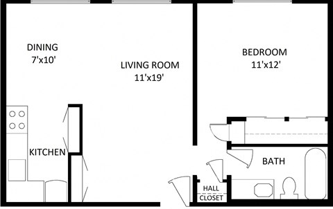 Floor plan for 1 bed, 1 bath, 635 sqft